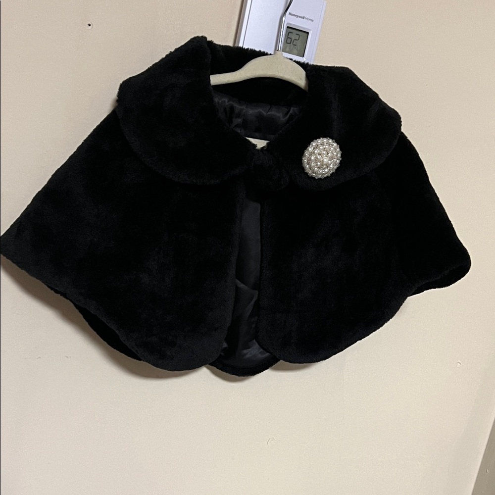 Girls' Black Faux Fur Cape with Pearl Brooch